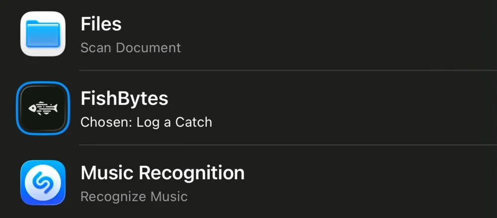 The shortcut picker with FishBytes chosen and Log a Catch underneath it